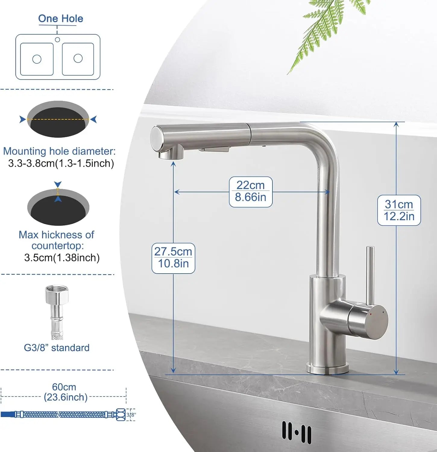 304 stainless steel kitchen tap, pull-out sprayer, brushed finish, 360° swivel, perfect sink mixer tap for kitchen toilet