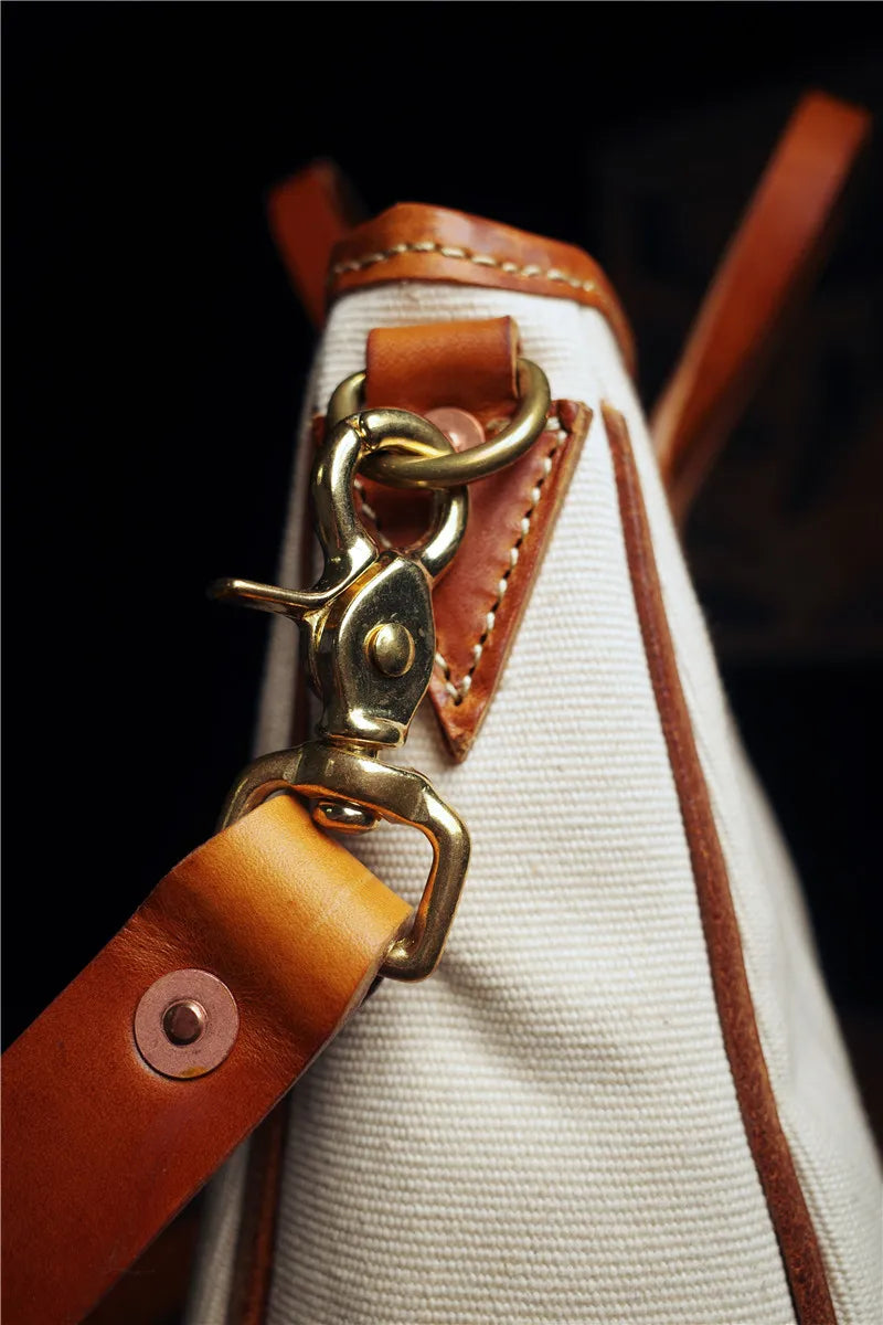 Simple designer handmade thick canvas cow leather men women's handbags outdoor daily work travel large-capacity messenger bag
