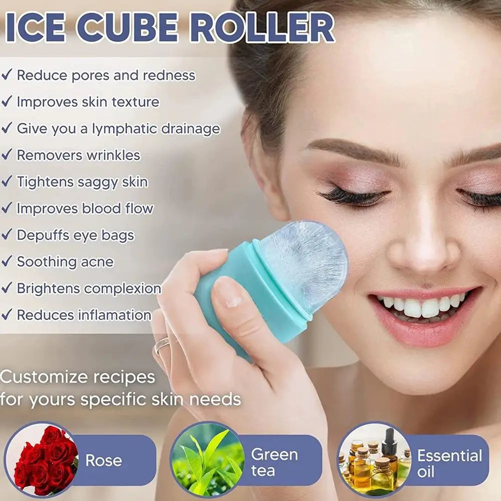A woman using a light blue silicone ice face roller on her cheek, with text listing skincare benefits and ingredients.