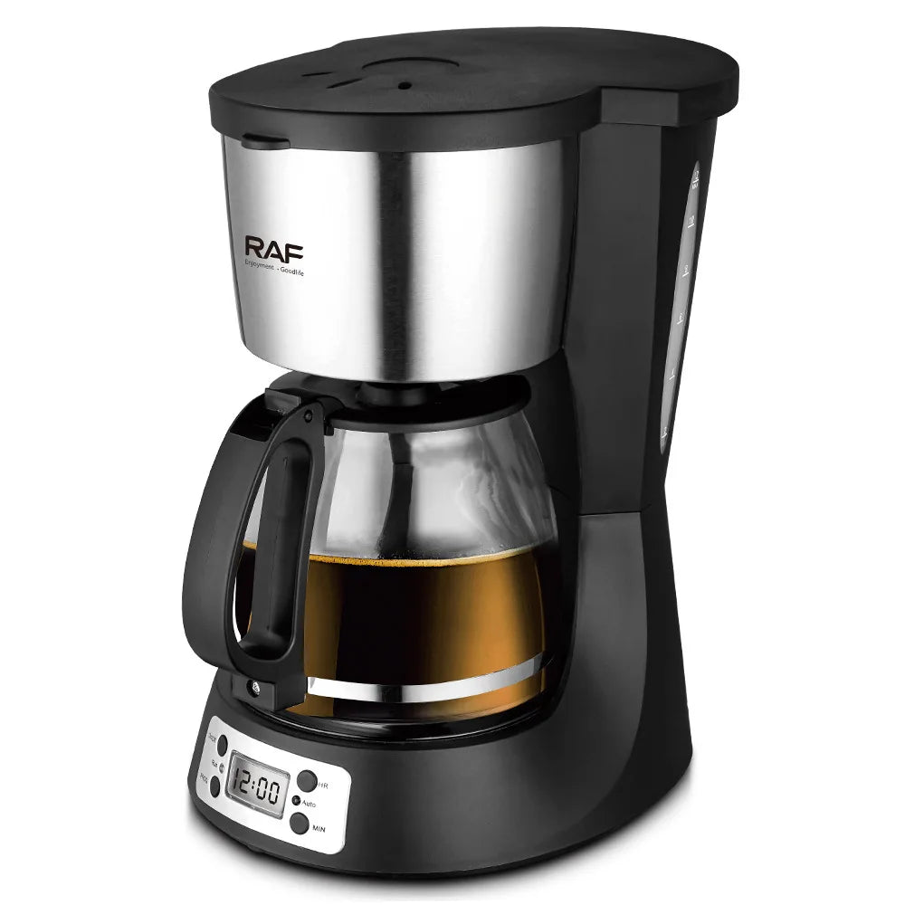 RAF programmable drip coffee maker in black and stainless steel with 12-cup glass carafe and digital display.