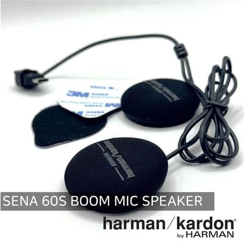 Bluetooth speaker mic set with three round fabric pads, boom mic lead, and wired connectors