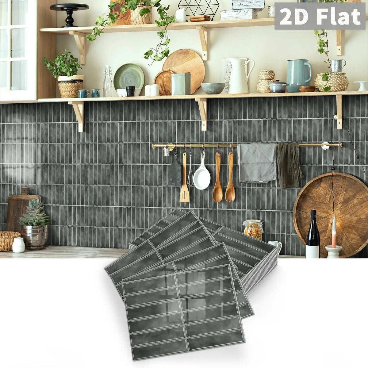 Peel-and-stick gray tile decal set with grid pattern, flat 2D backing pieces