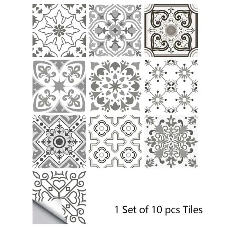 Sheet of removable mosaic tile stickers, gray and white floral and geometric motifs