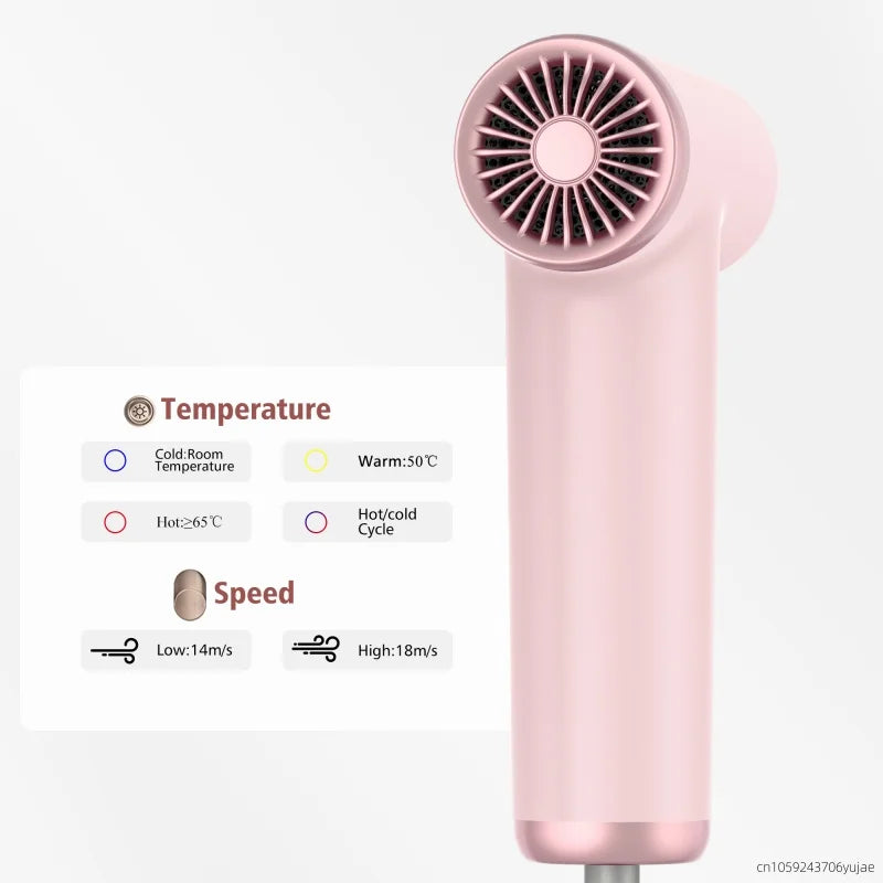 Pink portable hair dryer with 110,000 RPM brushless motor, temp settings, and digital speed control for fast drying.
