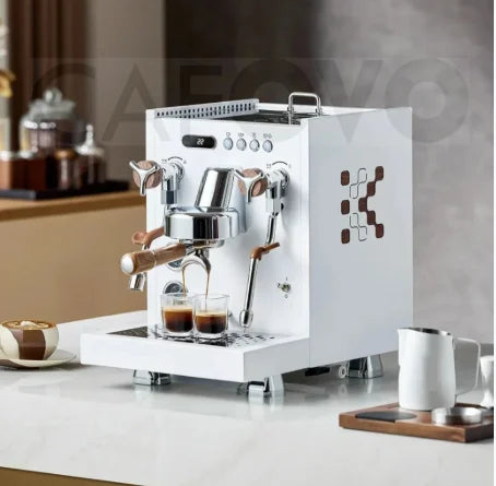 Cafevo white dual-boiler espresso machine with wooden handle and chrome accents brewing two shots on a countertop.