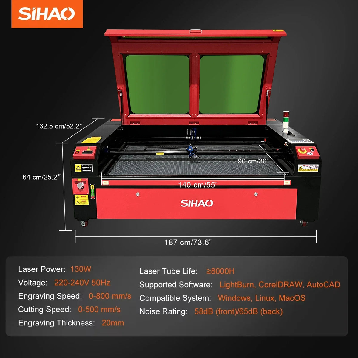 SIHAO laser engraver with open lid, green window, and front bed area with blue focus tool
