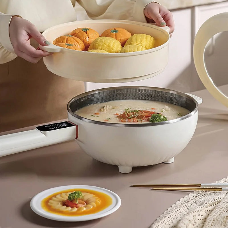 4.5L multi-function electric cooking pot with keep-warm base, shown with soup inside