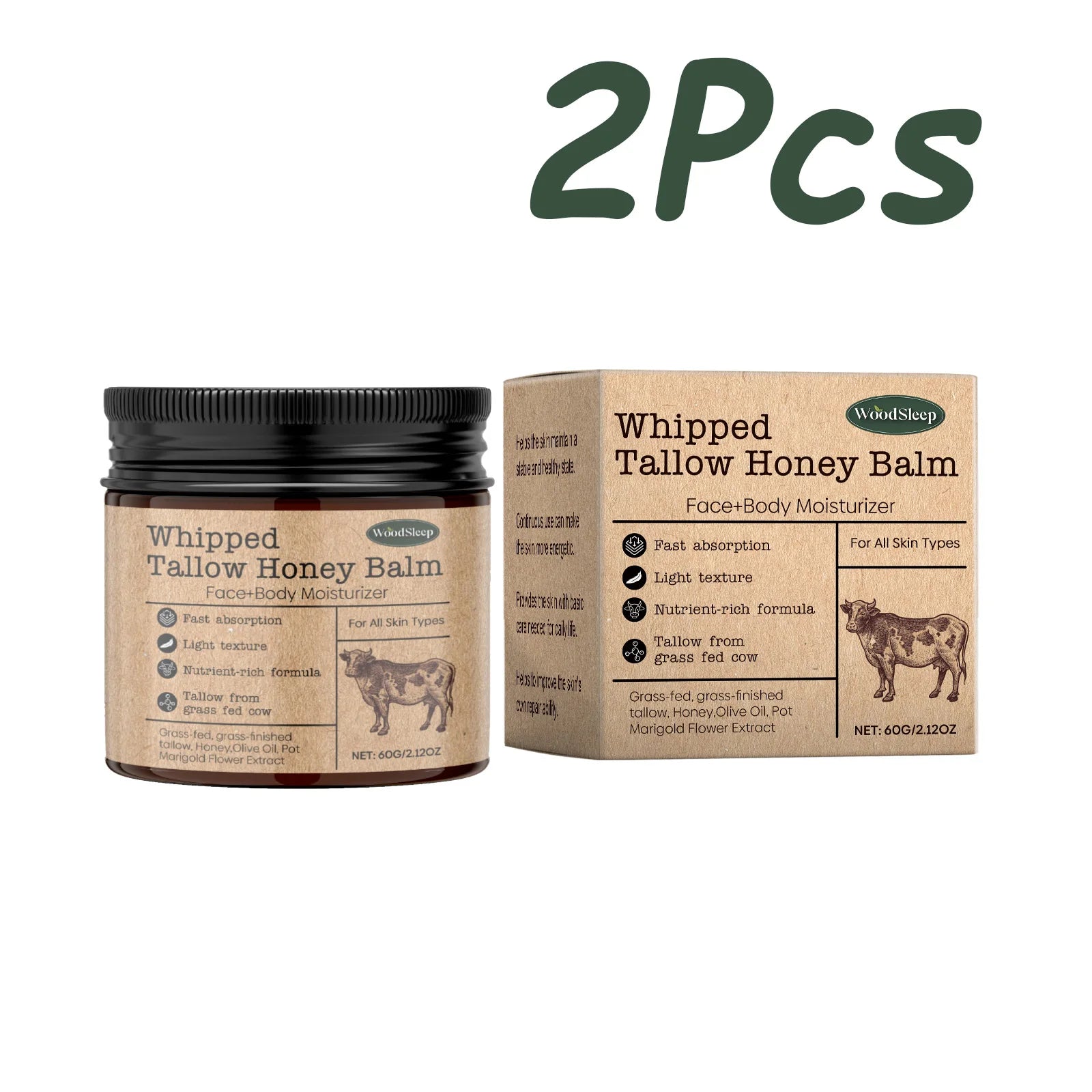 Whipped Beef Tallow Honey Balm Deeply Moisturizer Brightening Fast Absorption Grass Fed Grass Finished Face Cream Body Lotion