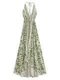 Vintage Women Geometric Print Backless Sexy Beach Bohemian Maxi Dress Lady High-Low Tassel Strapless Vacation Summer Boho Dress