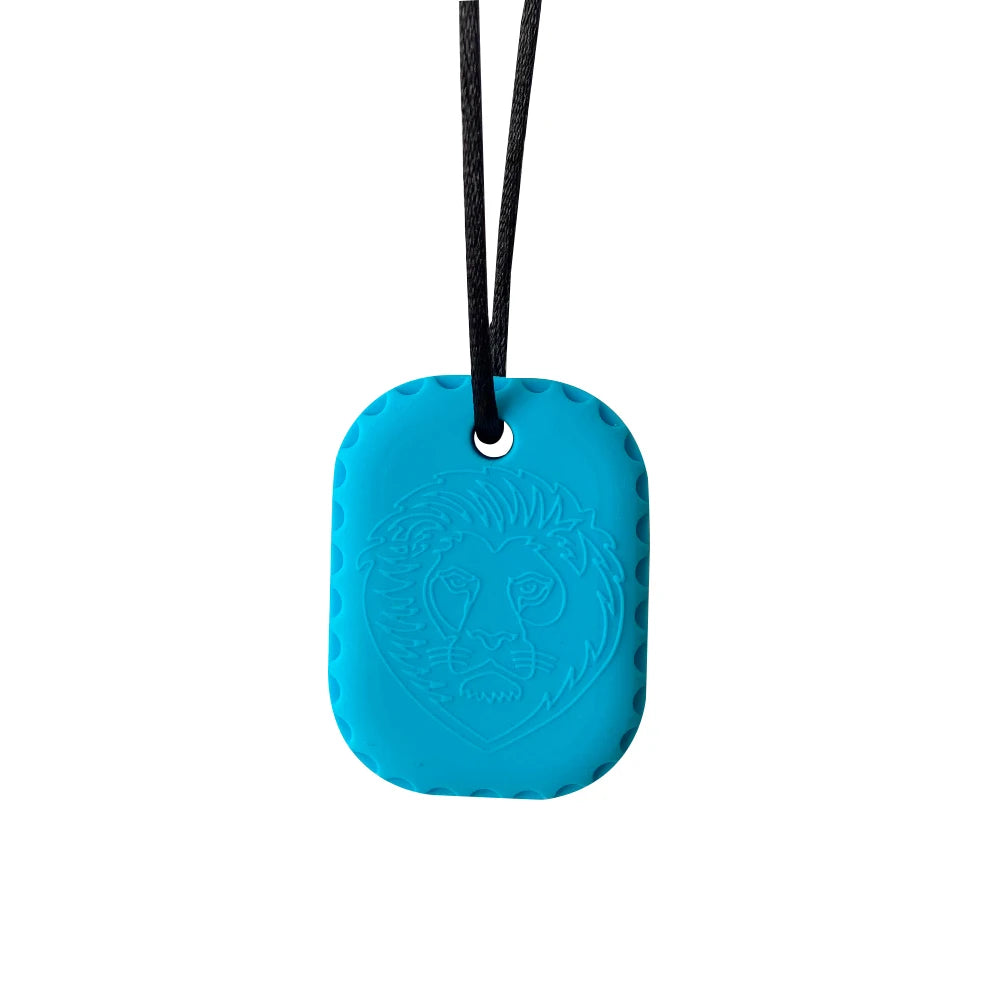 Blue lion silicone teething toy for baby teething relief on a black cord.