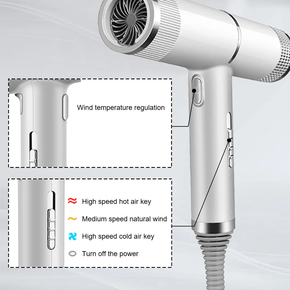 Silver professional ionic hair dryer featuring brushless motor, adjustable heat settings, and high-speed air controls.
