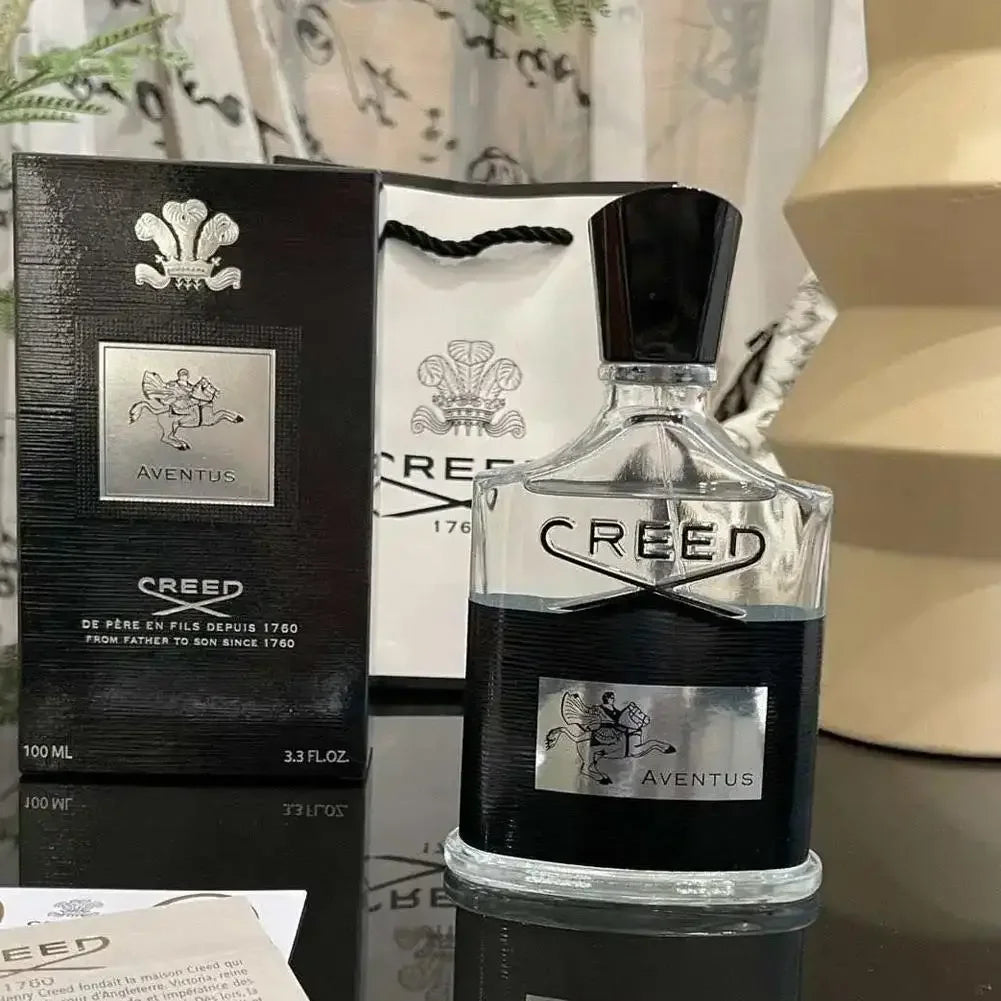 Creed Aventus EDP: Iconic unisex cologne in a sleek glass bottle with black label and matching gift box. 100ml spray.