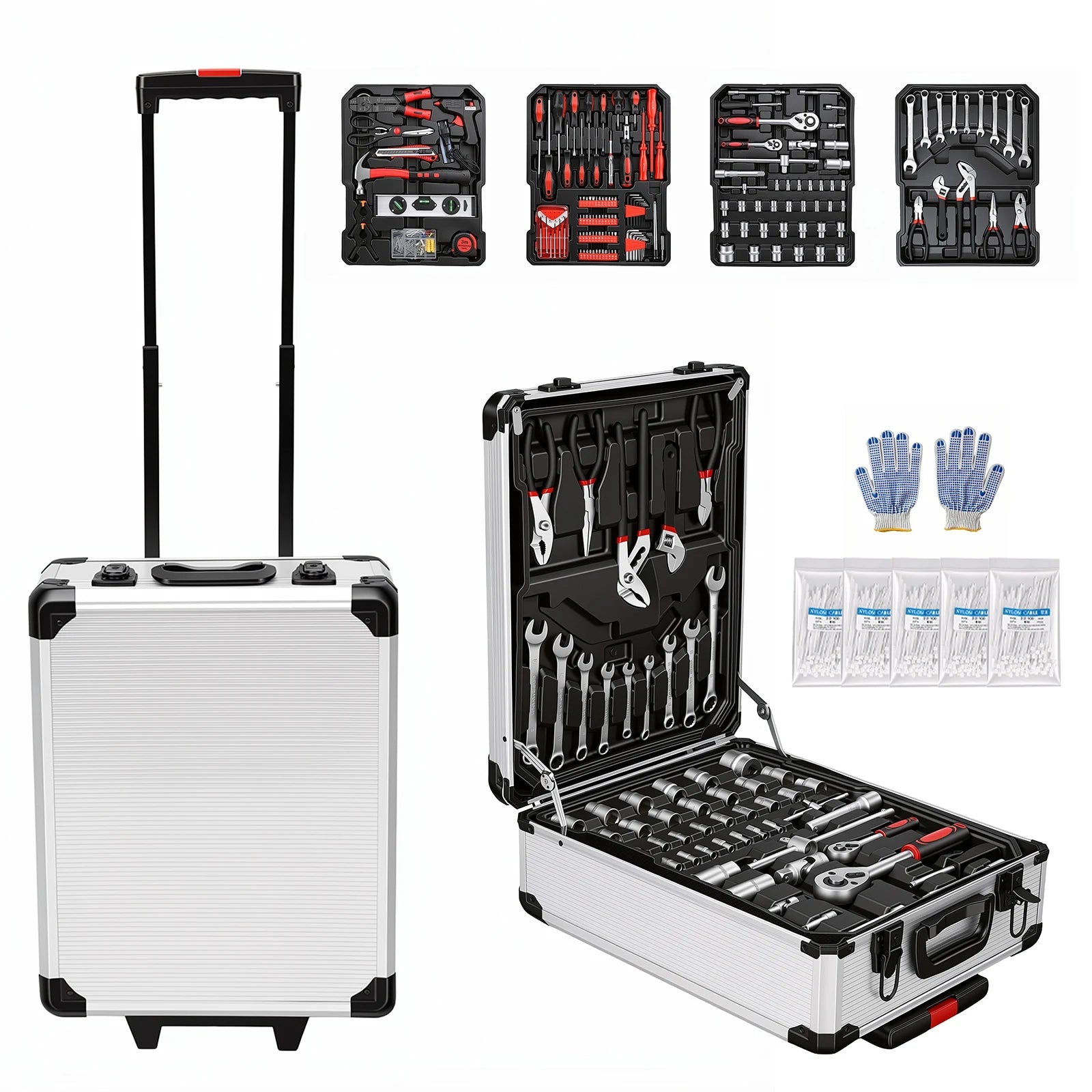 Professional Rolling Toolbox with Wheels Complete Mechanic Tool Set Heavy Duty Socket Wrench Kit Automotive Repair Hand Tools Portable Storage Case for Car Motorcycle Bicycle Home Garage Workshop Maintenance Equipment DIY