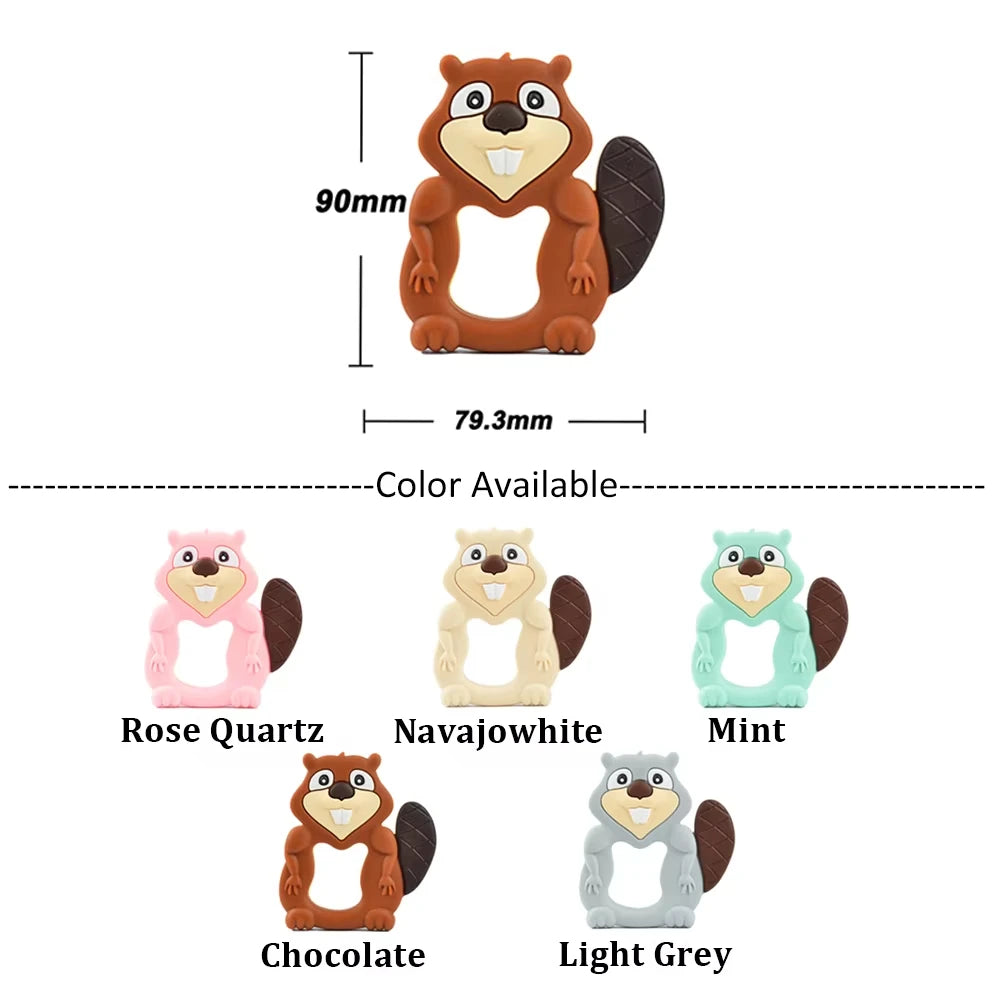 Beaver silicone teething toy for baby relief, available in rose quartz, navajowhite, mint, chocolate, and light grey.