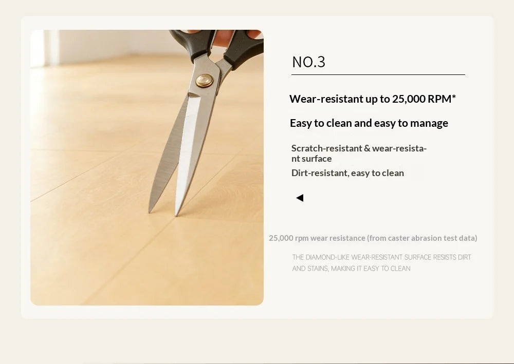 SPC flooring plank being cut with scissors, highlighting a wear-resistant surface
