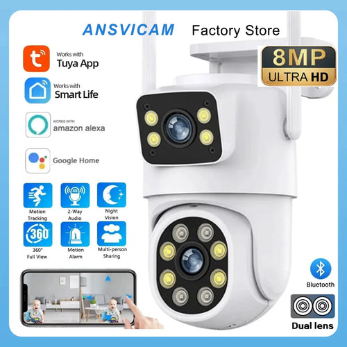 White dual-lens PTZ Wi‑Fi security camera with black front module and Bluetooth