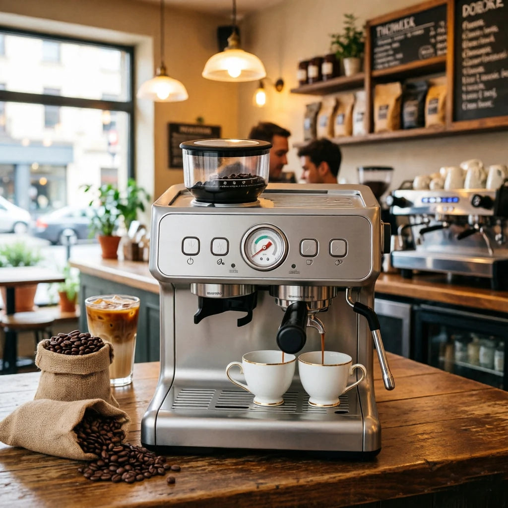 Stainless steel espresso machine with dual-spout portafilter and pressure gauge, brewing two cups in a coffee shop.