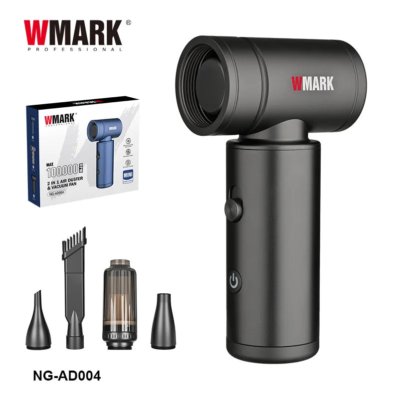 WMARK cordless handheld vacuum and air duster with 100k RPM motor, matte black finish, and four cleaning attachments.