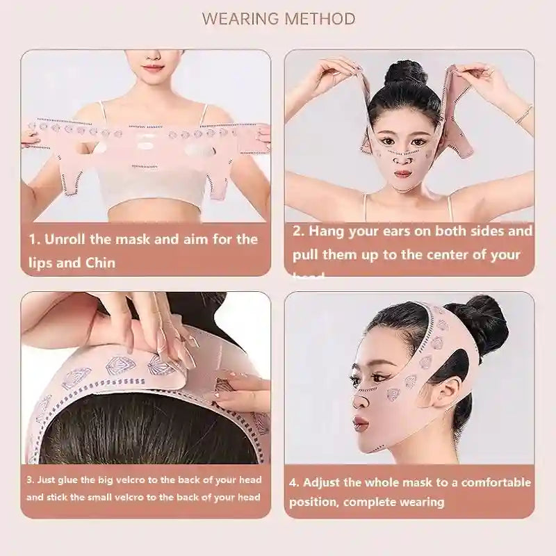 Pink V-line face slimming mask and lifting bandage with velcro straps shown in a 4-step instructional guide.