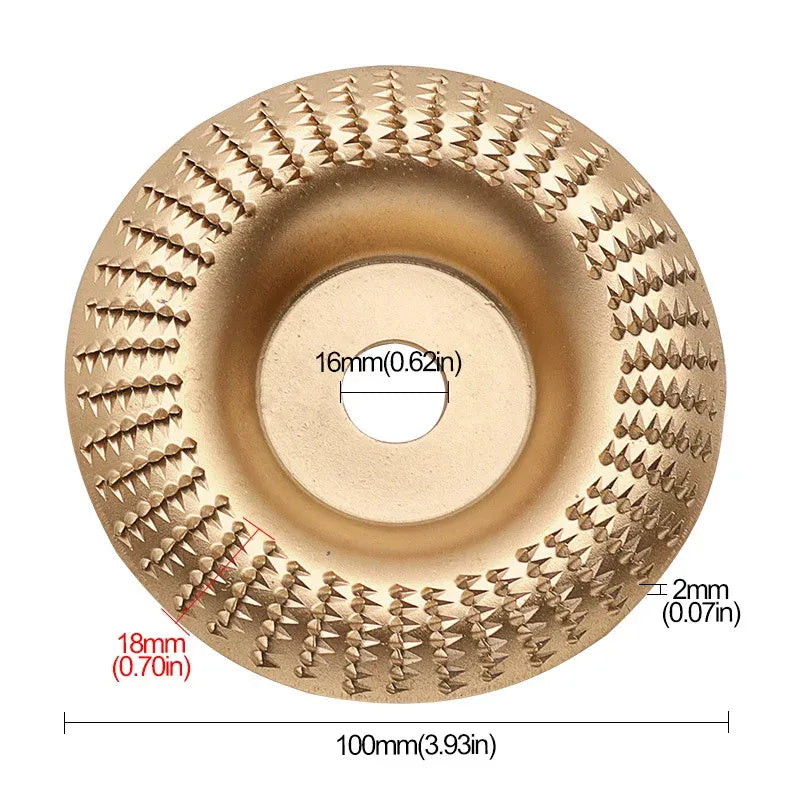 Round gold woodworking carving disc with 16mm center hole and concentric diamond teeth