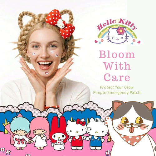 Hello Kitty themed facial pimple patches on face, round white dots