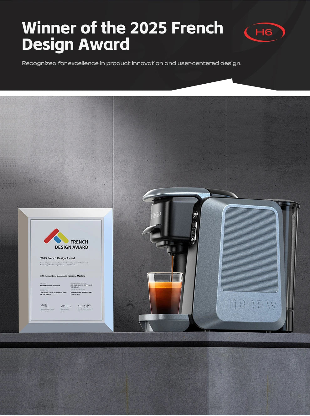 HiBREW H6 semi-automatic espresso machine in metallic blue, brewing coffee with 2025 French Design Award certificate.
