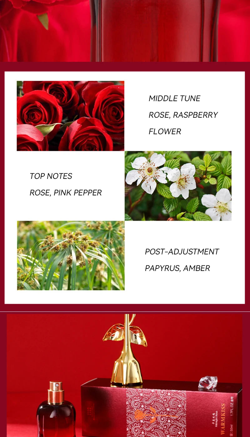 WARMKISS Midnight Rose EDP 50ml: Women’s floral scent, rose/amber notes, elegant red bottle, gold flower stopper.