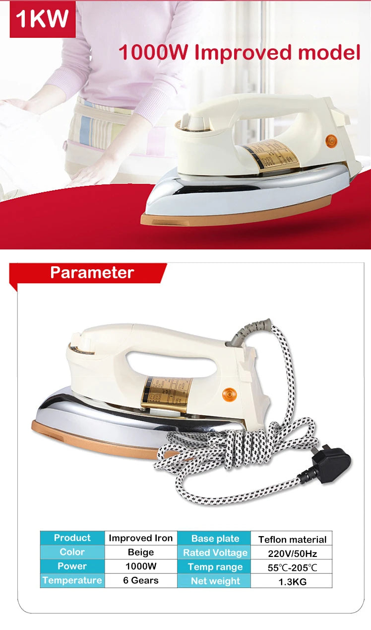 Tidesmit 1KW electric iron showing 6 adjustable heat gears and thermal safety feature for ironing and wood veneers