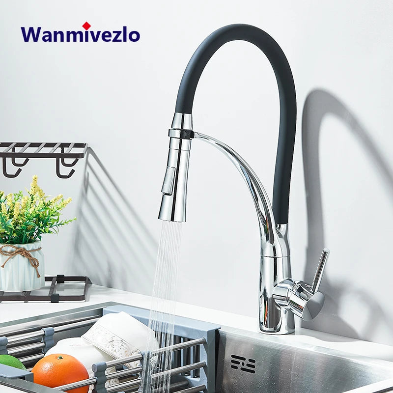 Rubber Kitchen Faucet Mixer Tap Rotation Pull Down Stream Sprayer Taps Hot Cold Water Tap with Single Handle Kitchen Tap