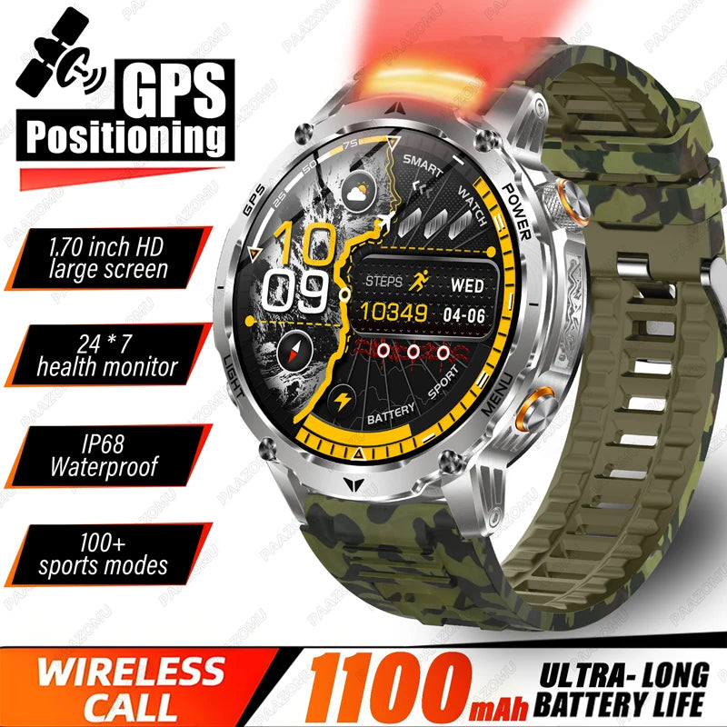 Outdoor GPS smartwatch with camouflage green silicone strap, metal bezel, rugged design
