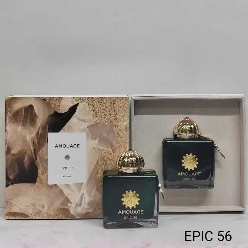 Amouage Epic 56 Woman EDP: square dark glass bottles with gold caps in an elegant gift set for a long-lasting scent.