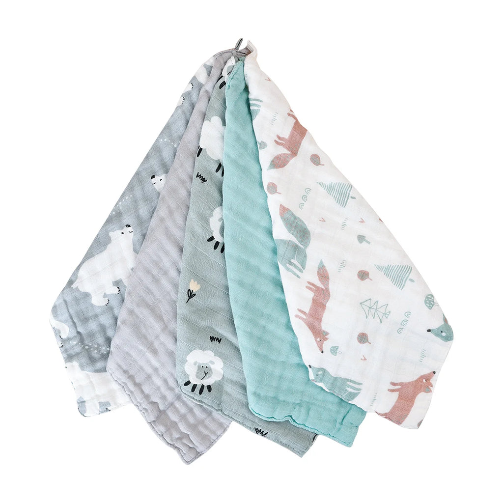 HappyFlute New 30*30CM Cute Animals Print 5PCS Set Bamboo Cotton Hanging Design Baby For Home Or Travel Use Baby Square Towel