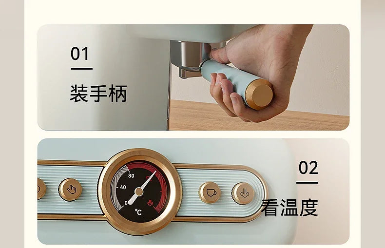Retro pastel blue espresso machine with gold accents, portafilter, and analog temperature gauge display.