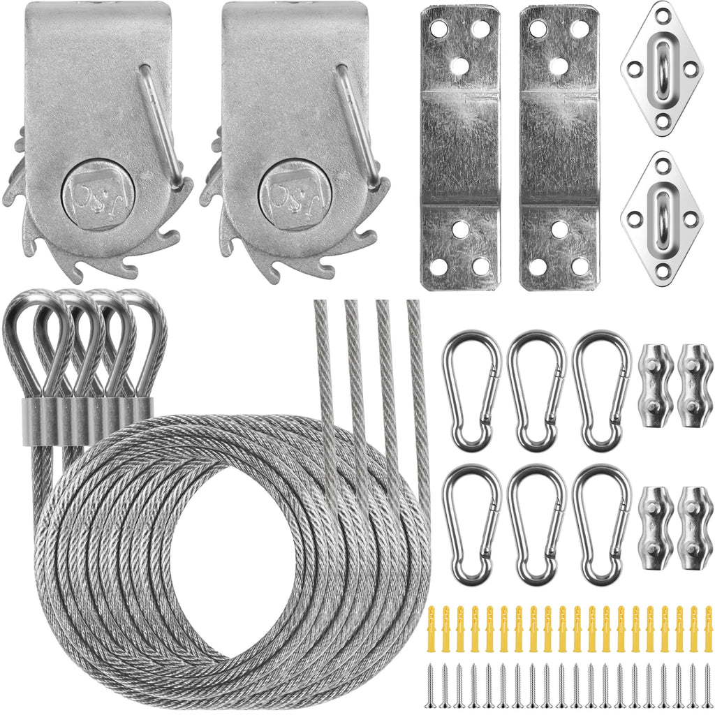 Deep gray sun shade sail accessory set with eyelets, clips, and braided cable coils