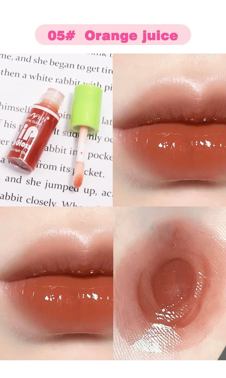Orange juice moisturizing lip gloss, glossy hydrating lip oil, clear plump lip glaze makeup in warm orange tint.