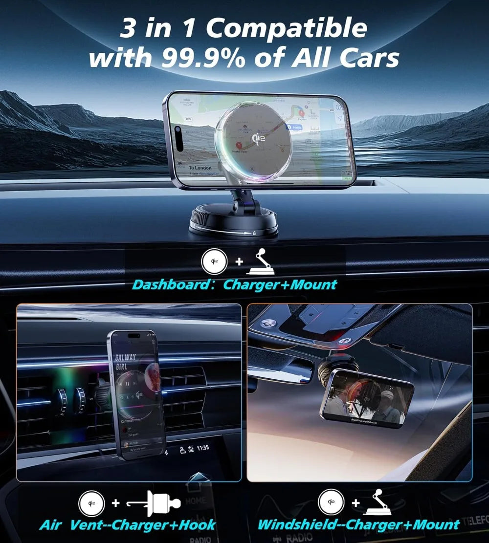 Magnetic Wireless Car Charger with RGB Cooling - MagSafe Compatible Tidesmit