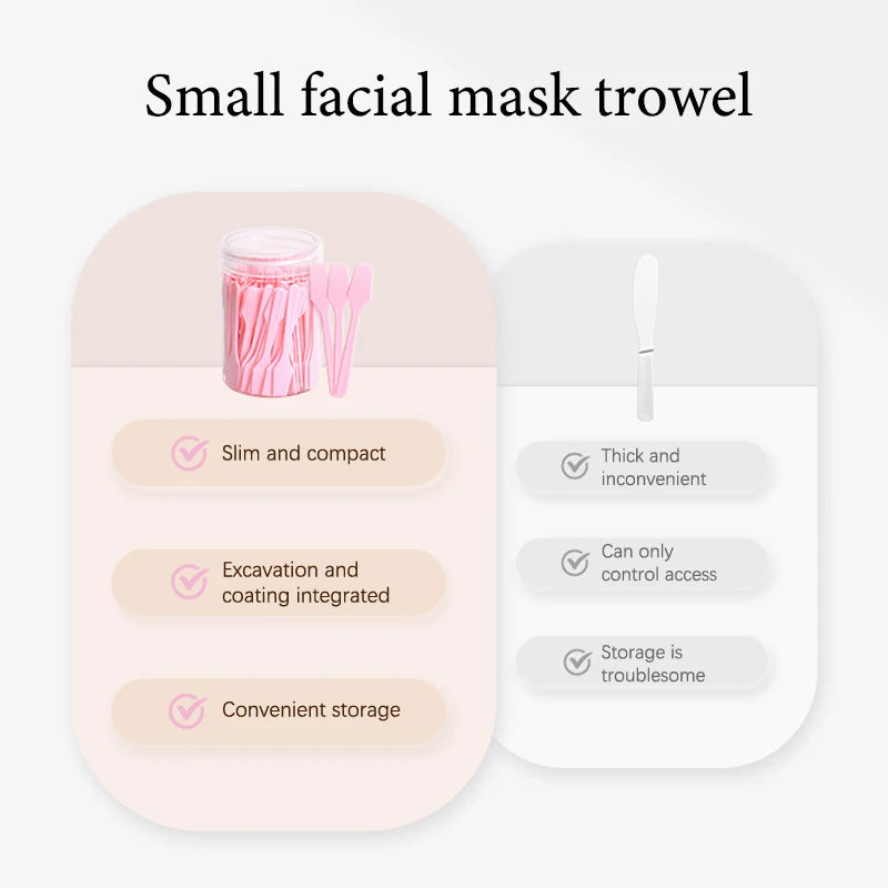 A set of 100 small, pink plastic cosmetic spatulas in a clear jar, compared against a single larger white spatula.