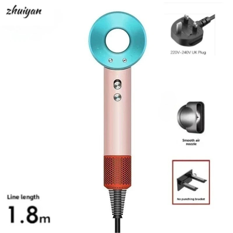 Blue and pink professional leafless ionic hair dryer with wall mount, smooth air nozzle, and UK plug.
