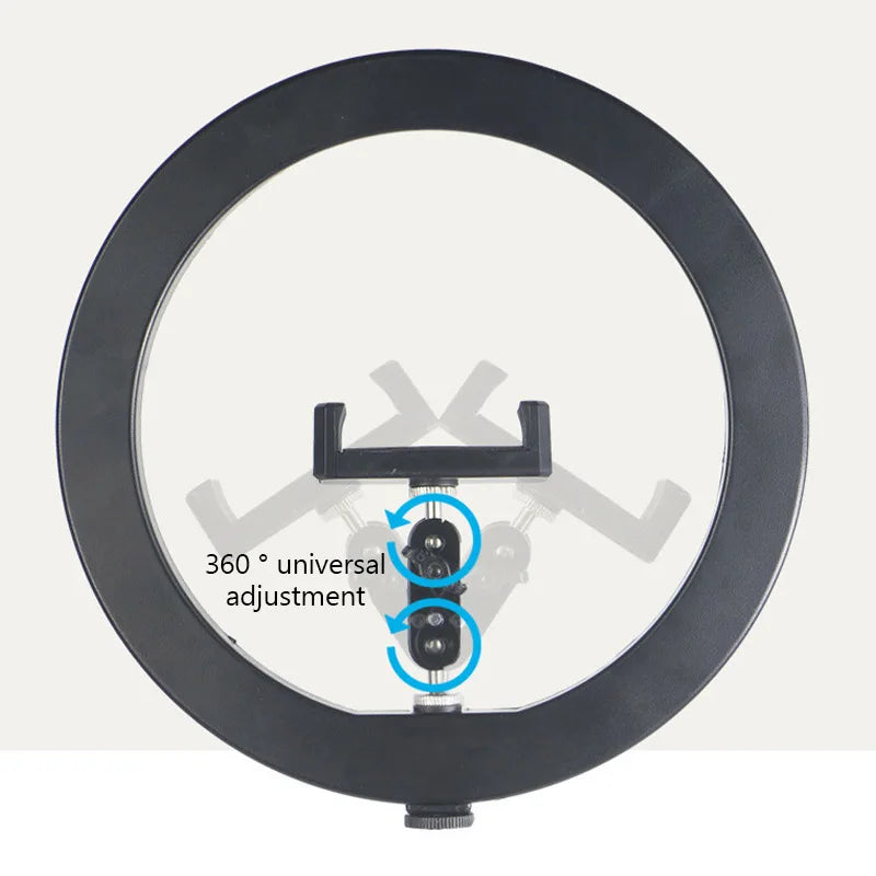 Black circular ring light with a center-mounted, 360-degree adjustable phone holder for photography and video.