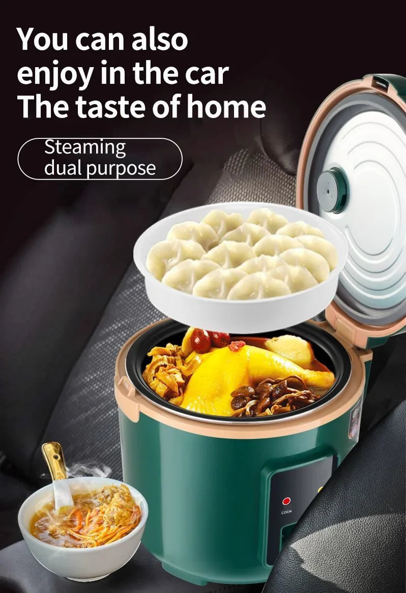 Green 24V food warmer with open lid and bowl of food, dual-compartment steaming tray