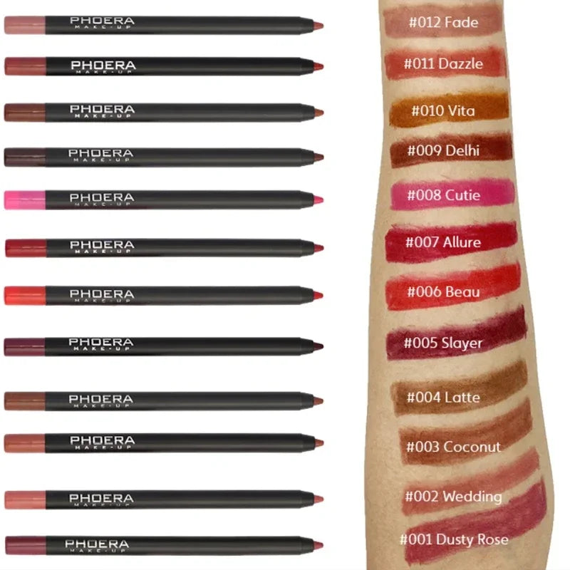 Matte waterproof lip liner pencils in nude and brown shades with skin tone color swatches for long-lasting makeup.