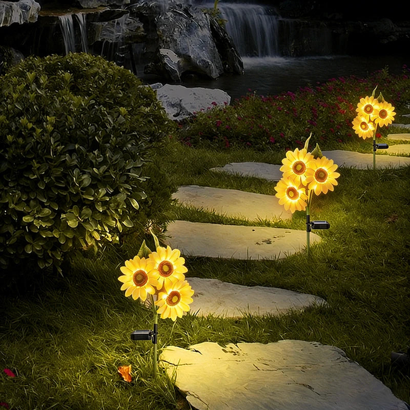 2/4 PCS Solar Powered Sunflower Light 3 Head Outdoor Waterproof LED Ground Insert Lawn Lamp For Garden Lawn Courtyard Decoration