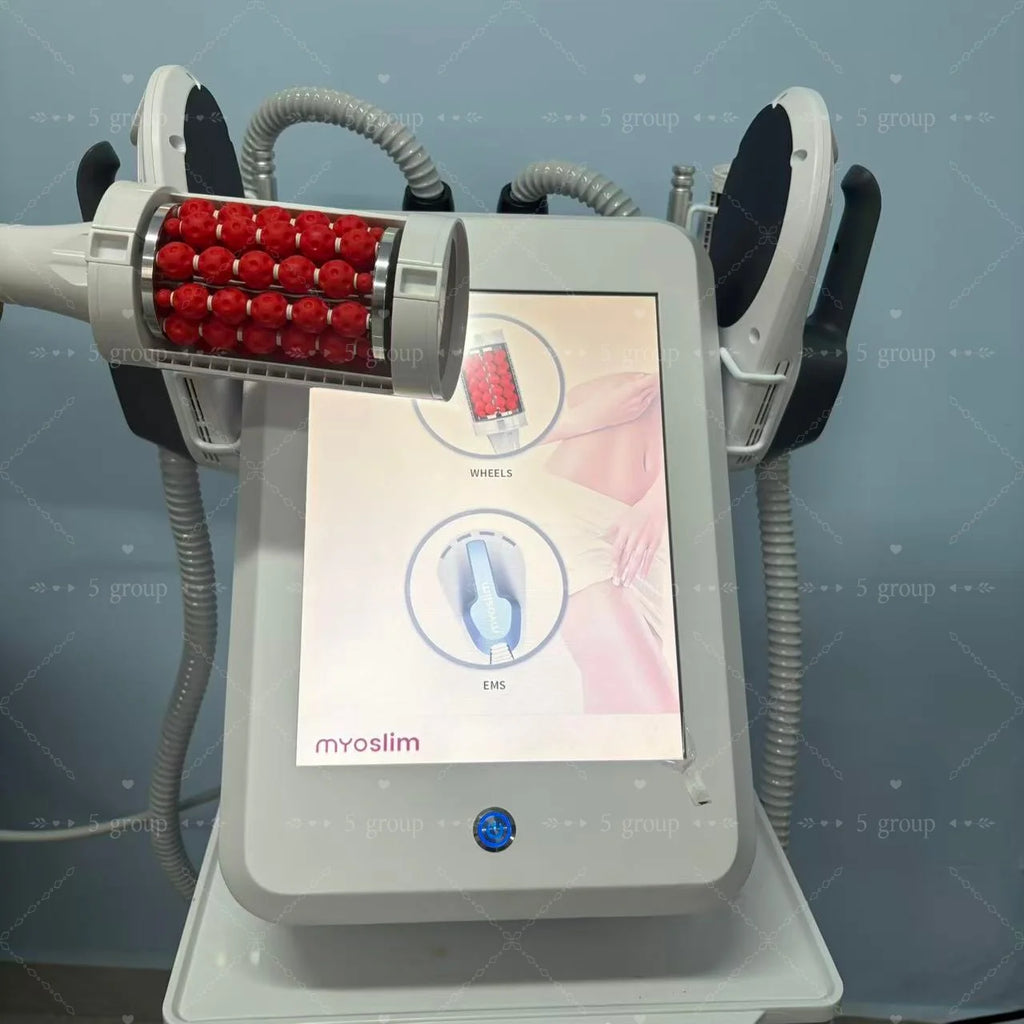 Myoslim EMS body sculpting machine with red inner ball roller for cellulite reduction and muscle toning.