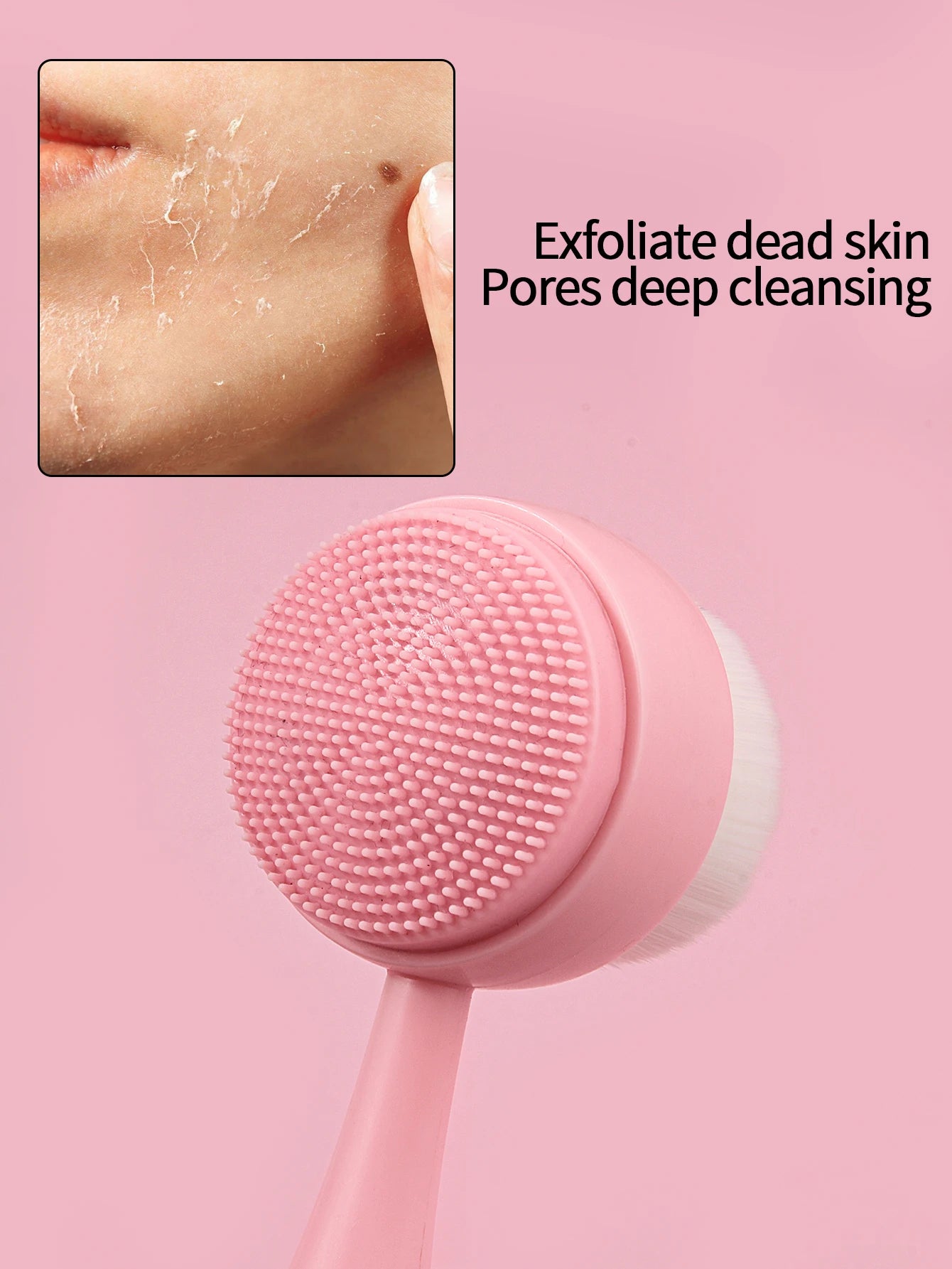 Pink handheld silicone facial cleansing brush for deep pore cleansing, makeup removal, and exfoliating dead skin.
