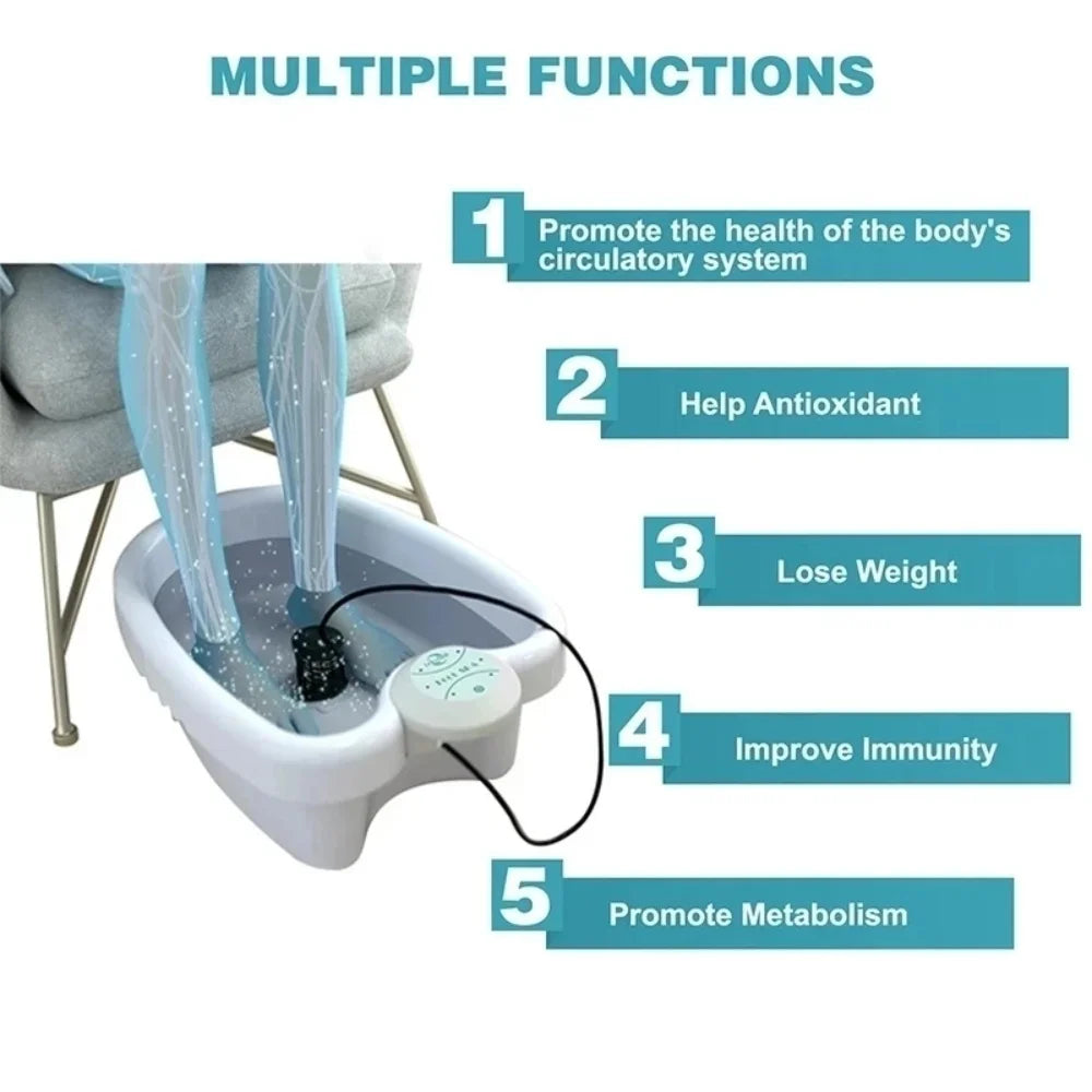 White ionic foot spa detox machine for home use, featuring massage therapy array and health benefit list diagram.