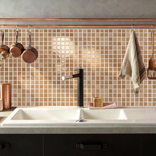 Square mosaic wall tile sticker sheet in warm beige, peel-and-stick 3D grid