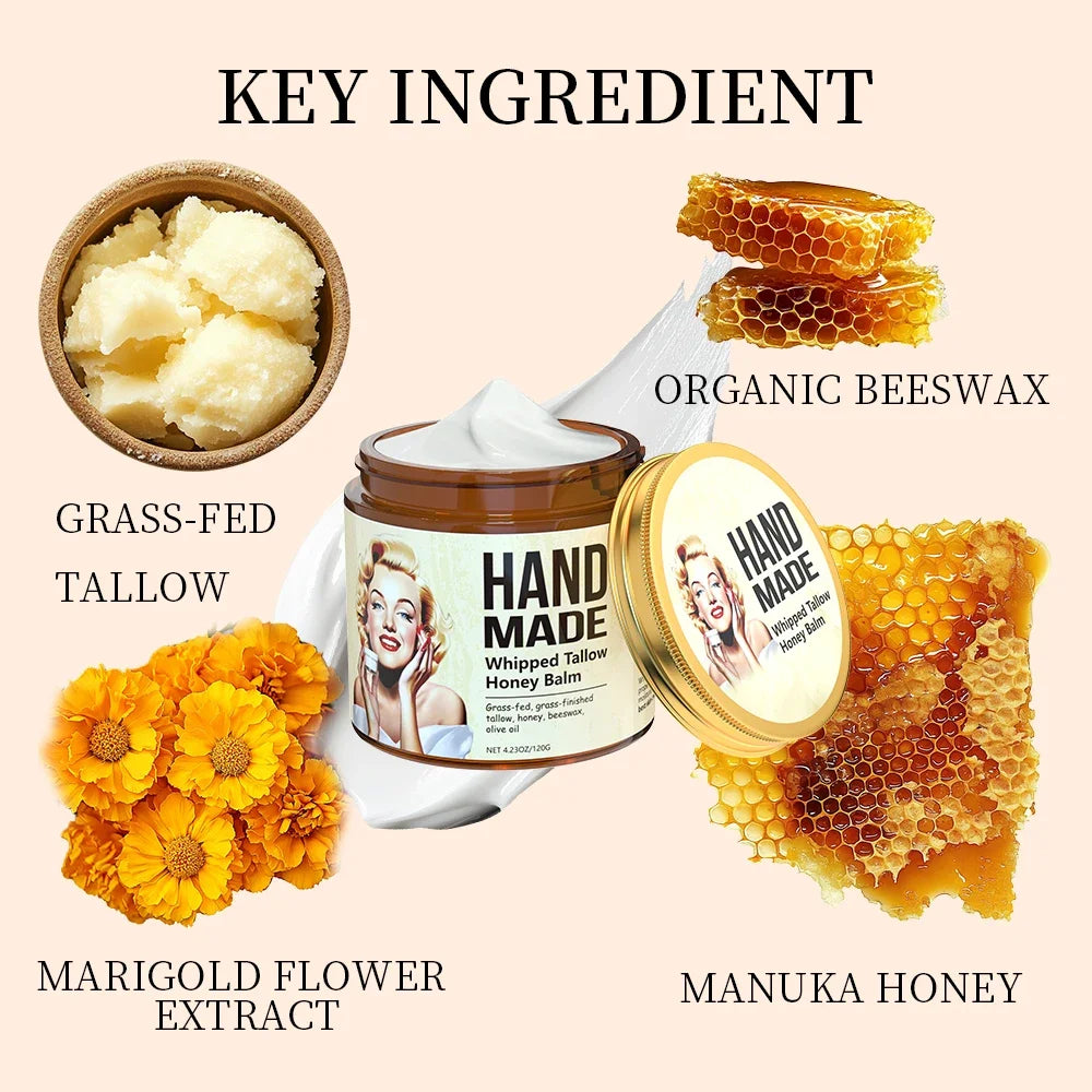 ENVISHA whipped tallow honey face cream with beeswax, marigold extract, and grass-fed tallow in a glass jar.