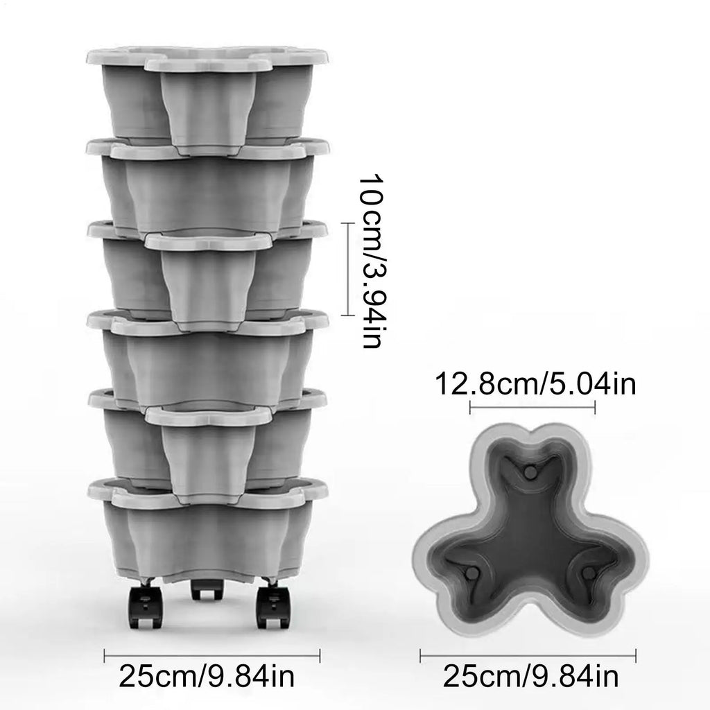 6-tier plastic vertical planter tower with rolling casters, size diagram with labeled 25cm