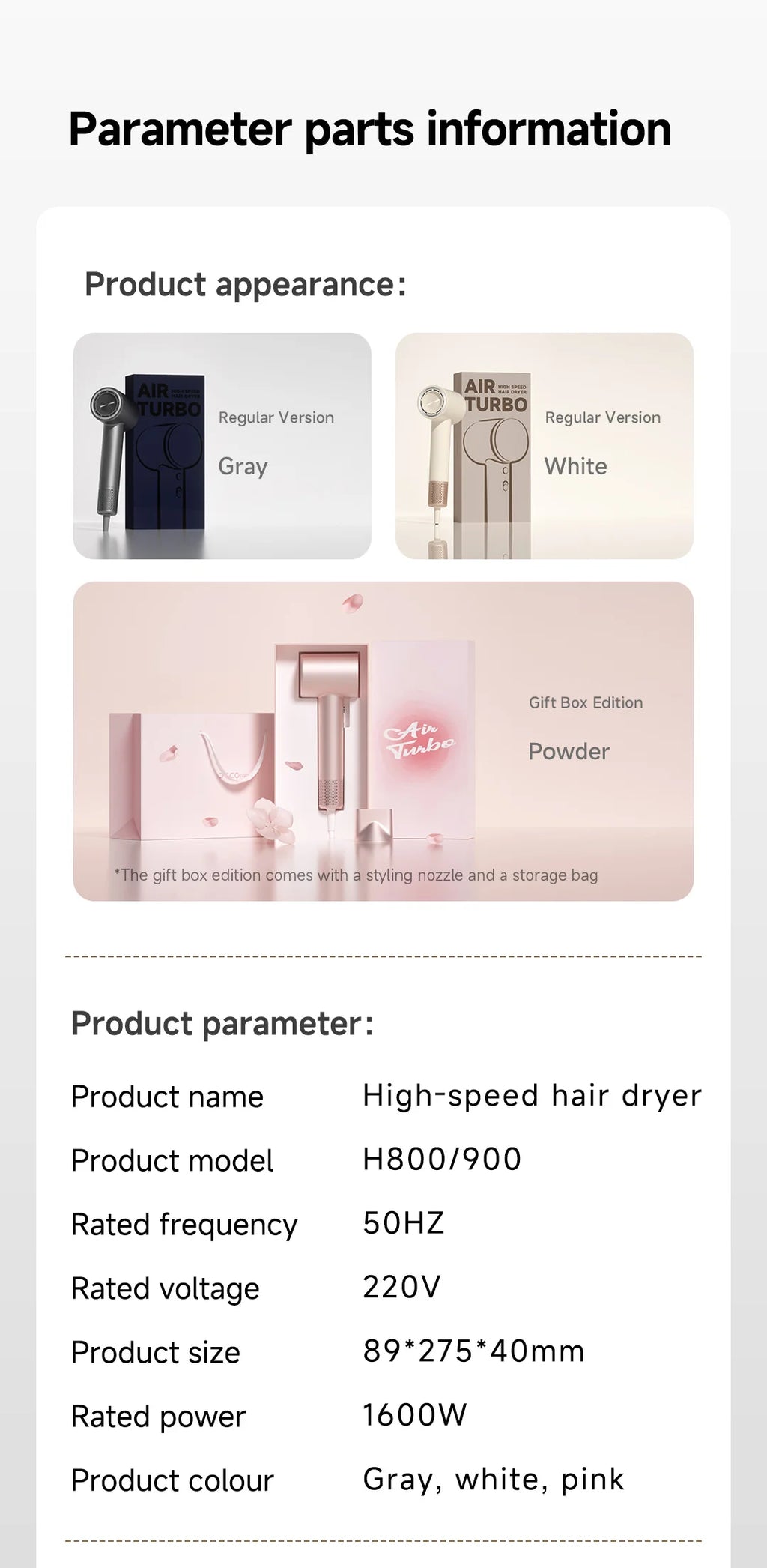 DOCO high-speed hair dryer in gray, white, and pink gift sets with styling nozzle and storage bag for professional care.