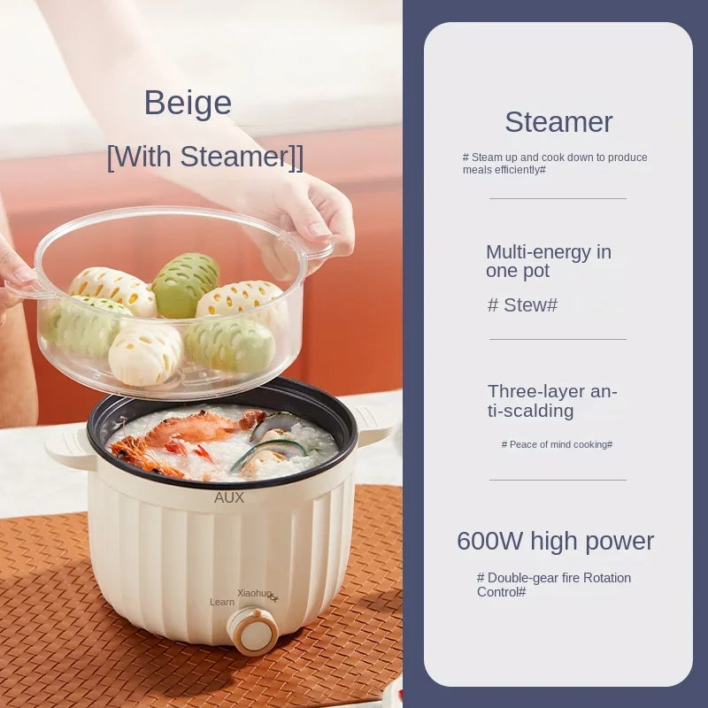 Beige electric rice cooker with steamer insert, glass lid, and front control dial.